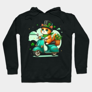 Celebrate St Patricks Day Day with a cute and colorful Cat on a Motorcycle design Hoodie